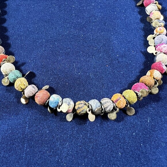 Handcrafted Multicolor Fabric Bead Necklace With Brass Disc Accents & Adjustable - Picture 2 of 2
